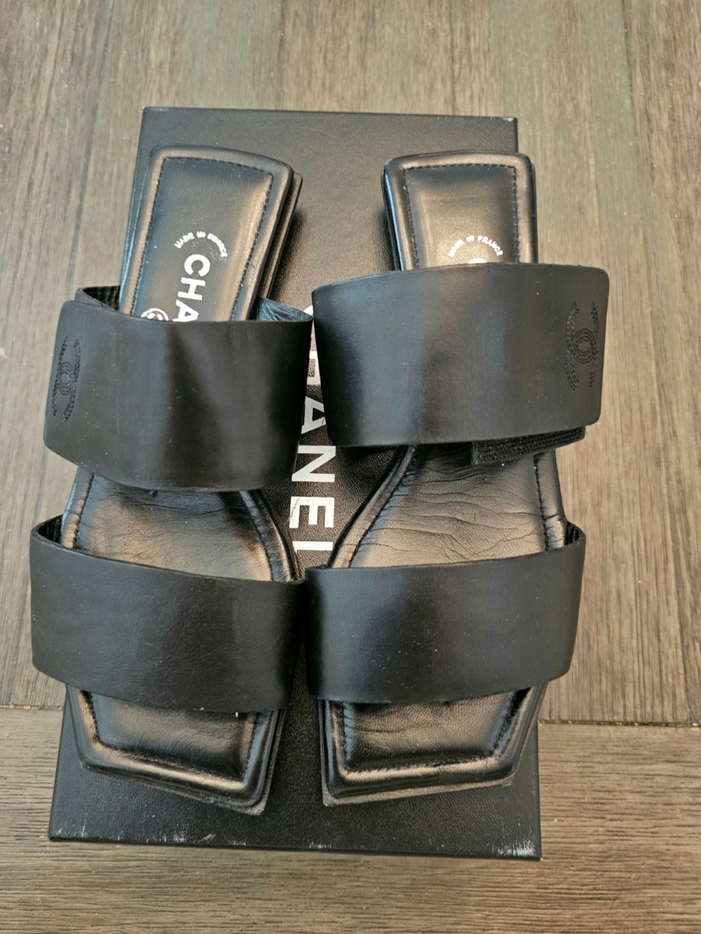 CHANEL Black Leather Double Strap CC Slide Sandals 37 (US 7) With Box